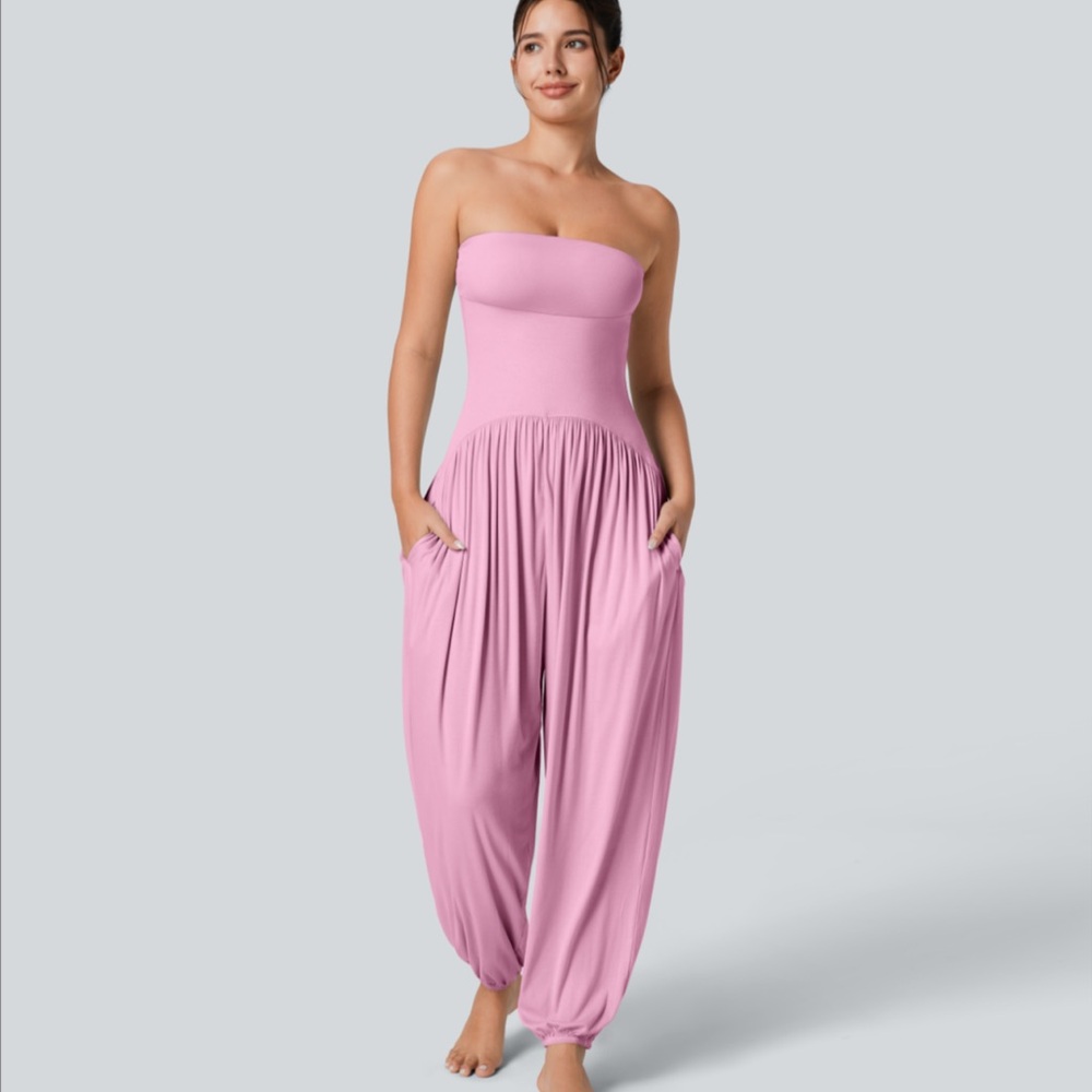 HALARA Dusty Pink Strapless Harem Jumpsuit with Pockets
